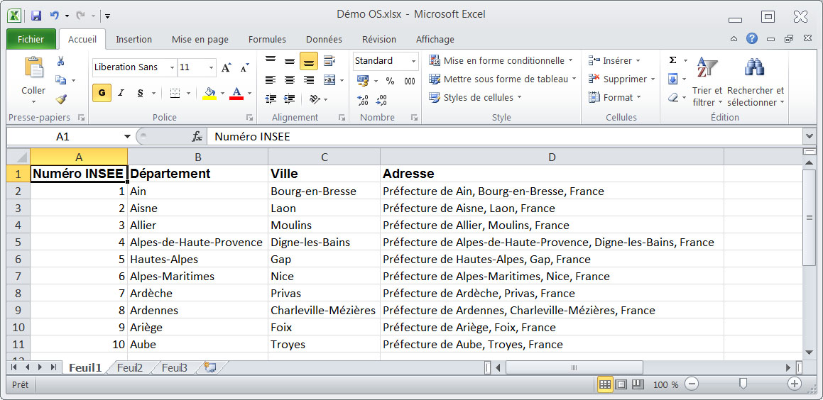 Archivo Excel compuesto de direcciones y otros campos