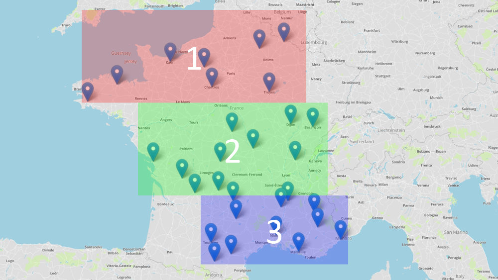 Mapa de Francia sectorizado en 3 zonas